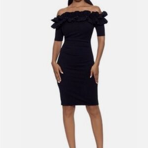 Xscape off shoulder, ruffle top, short sleeve, scuba crepe cocktail dress